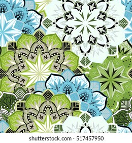 Seamless round ornament pattern for printing on fabric or paper. Hand drawn background. Elements for your design.
