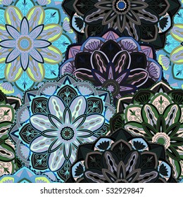 Seamless round ornament pattern for printing on fabric or paper. Hand drawn background. Elements for your design.
