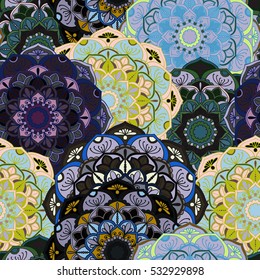 Seamless round ornament pattern for printing on fabric or paper. Hand drawn background. Elements for your design.
