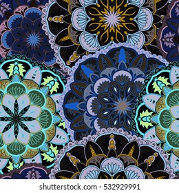 Seamless round ornament pattern for printing on fabric or paper. Hand drawn background. Elements for your design.
