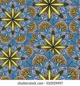 Seamless round ornament pattern for printing on fabric or paper. Hand drawn background. Elements for your design.
