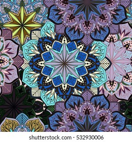 Seamless round ornament pattern for printing on fabric or paper. Hand drawn background. Elements for your design.

