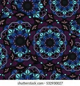 Seamless round ornament pattern for printing on fabric or paper. Hand drawn background. Elements for your design.
