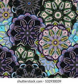 Seamless round ornament pattern for printing on fabric or paper. Hand drawn background. Elements for your design.
