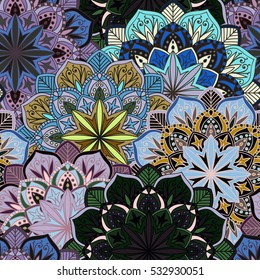 Seamless round ornament pattern for printing on fabric or paper. Hand drawn background. Elements for your design.
