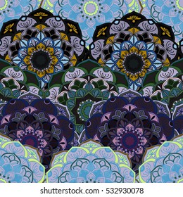 Seamless round ornament pattern for printing on fabric or paper. Hand drawn background. Elements for your design.
