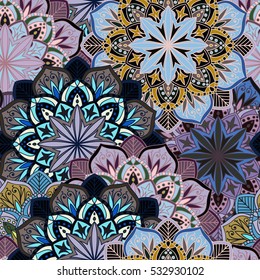 Seamless round ornament pattern for printing on fabric or paper. Hand drawn background. Elements for your design.
