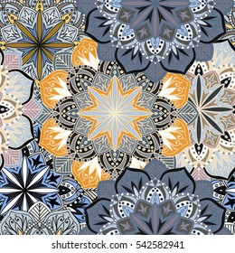 Seamless round ornament pattern for printing on fabric or paper. Hand drawn background. Elements for your design.
