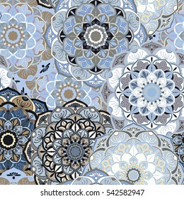 Seamless round ornament pattern for printing on fabric or paper. Hand drawn background. Elements for your design.
