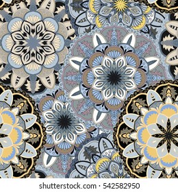Seamless round ornament pattern for printing on fabric or paper. Hand drawn background. Elements for your design.
