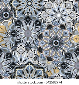 Seamless round ornament pattern for printing on fabric or paper. Hand drawn background. Elements for your design.
