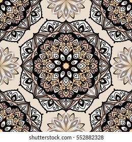 Seamless round ornament pattern for printing on fabric or paper. Hand drawn background. Elements for your design.
