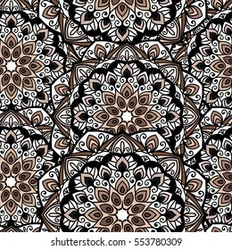 Seamless round ornament pattern for printing on fabric or paper. Hand drawn background. Elements for your design.
