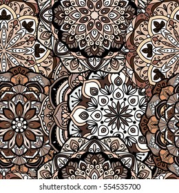 Seamless round ornament pattern for printing on fabric or paper. Hand drawn background. Elements for your design.

