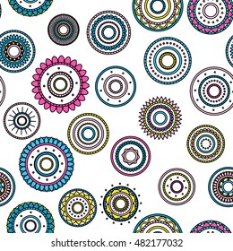 Seamless round ornament pattern with white background. Vector repeating texture.
