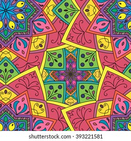 Seamless round pattern for printing on fabric or paper. Hand drawn background. Colored indian ornament. Vector illustration. Elements for your design.  
