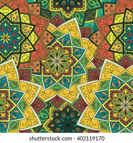 Seamless round pattern for printing on fabric or paper. Hand drawn background. Colored indian ornament. Vector illustration. Elements for your design.  
