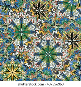 Seamless round pattern for printing on fabric or paper. Hand drawn background. Colored indian ornament. Vector illustration. Elements for your design.  
