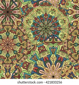 Seamless round pattern for printing on fabric or paper. Hand drawn background. Colored indian ornament. Vector illustration. Elements for your design.  
