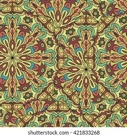 Seamless round pattern for printing on fabric or paper. Hand drawn background. Colored indian ornament. Vector illustration. Elements for your design.  

