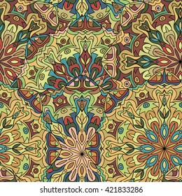 Seamless round pattern for printing on fabric or paper. Hand drawn background. Colored indian ornament. Vector illustration. Elements for your design.  
