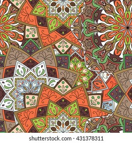 Seamless round pattern for printing on fabric or paper. Hand drawn background. Colored indian ornament. Vector illustration. Elements for your design.  
