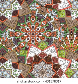Seamless round pattern for printing on fabric or paper. Hand drawn background. Colored indian ornament. Vector illustration. Elements for your design.  
