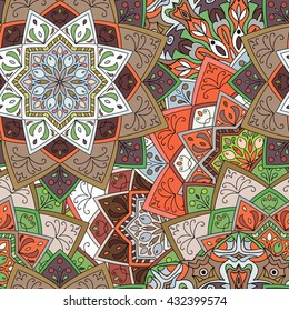 Seamless round pattern for printing on fabric or paper. Hand drawn background. Colored indian ornament. Vector illustration. Elements for your design.  
