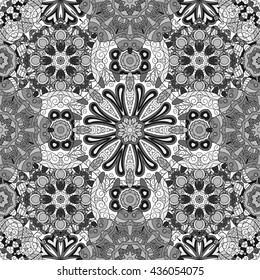 Seamless round pattern for printing on fabric or paper. Hand drawn background. Colored indian ornament. Vector illustration. Elements for your design. Gray tone backdrop.