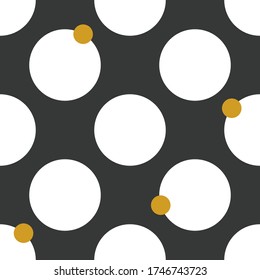 Seamless round pattern Vector illustration with big white circles and small gold circles on black background