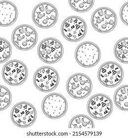 Seamless round pizza pattern in the style of one line fast food