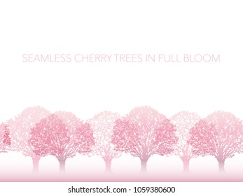 Seamless row of cherry blossom trees in full bloom, vector illustration. Horizontally repeatable.