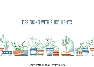 Seamless row of colored contour cacti . Vector