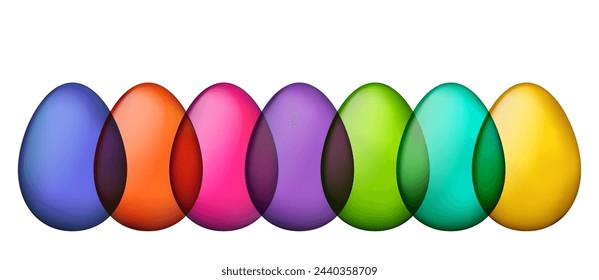 A seamless row of glossy Easter eggs, each displaying a different vibrant hue from a rainbow palette, showcasing a shiny and smooth finish.