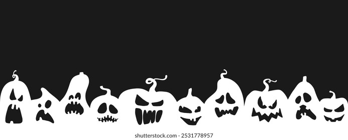 Fila sem costura de faces de abóbora assustadoras de Halloween no fundo preto. Ilustração vetorial simples de silhuetas jack-o-lanternas. Modelo de banner para cartaz do festival do outono, folheto da festa, convite de férias