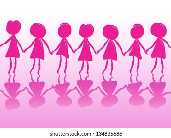 Seamless row of hand drawn women silhouettes holding hands as symbol of unity and strength