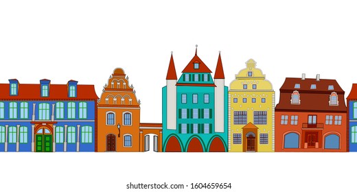 Seamless row pattern of city isolated on white background. Street with colorful retro houses, seamless border, urban landscape, old city, neighborhood. Multicolor European houses in row. Flat vector
