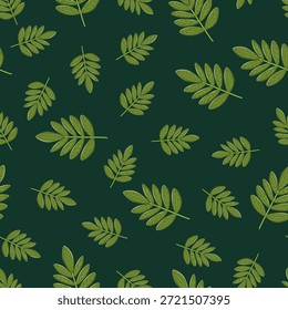 Padrão de folha de rowan sem costura em tons verdes. Fundo botânico mínimo para embalagem ecológica, têxteis, papel de parede, web design e marca natural.