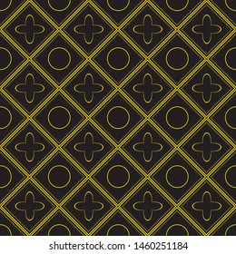 Seamless royal abstract pattern gold yellow shapes and lines on dark background tiled ornaments repeat background ideal for clothes, scarf, wrapping, print, textile