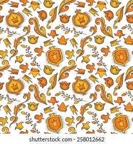 Seamless royal background with crowns and shields. Hand drawn elements, no clipping mask. 
