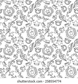 Seamless royal background with crowns and shields. Hand drawn elements, no clipping mask.  