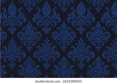 Padrão de damasco azul real sem costura no fundo preto - Vintage ornamento barroco
