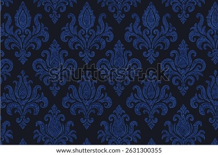 Seamless Royal Blue Damask Pattern on Black Background – Vintage Baroque Ornament