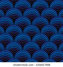 Seamless Royal Blue Wave Petals Horizontal Black Background Vector Pattern