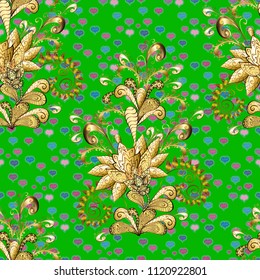 Seamless royal luxury golden baroque damask vintage. Vector seamless pattern with gold antique floral medieval decorative, leaves and golden pattern ornaments on green, brown and yellow colors.