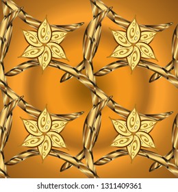 Seamless royal luxury golden baroque damask vintage. Vector seamless pattern with gold antique floral medieval decorative, leaves and golden pattern ornaments on brown and yellow colors.