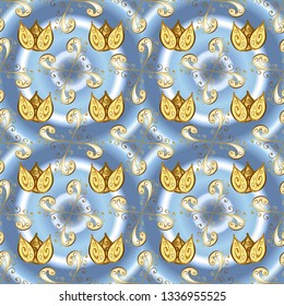 Seamless royal luxury golden baroque damask vintage. Vector seamless pattern with gold antique floral medieval decorative, leaves and golden pattern ornaments on blue, neutral and yellow colors.