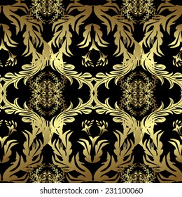 Seamless royal luxury golden baroque damask vintage. Vector seamless pattern with gold antique floral medieval decorative, leaves and golden pattern ornaments on black, brown and neutral colors.