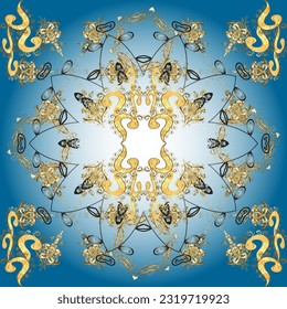 Seamless royal luxury golden baroque damask vintage. Vector seamless pattern with gold antique floral medieval decorative, leaves and golden pattern ornaments on brown, neutral and blue colors.