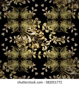 Seamless royal luxury golden baroque damask vintage. Vector seamless pattern with gold antique floral medieval decorative, leaves and golden pattern ornaments on black background.